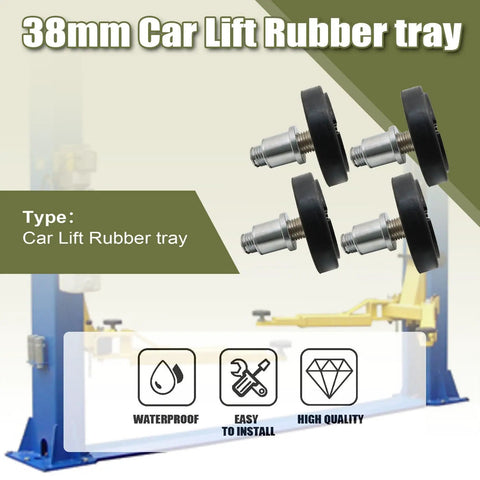 Heavy Duty 4 Pack 38mm Car Lift Rubber Pads For Two Post Lift Screw Heightening Feet Universal Round Tray Adapter displayed on a lift.