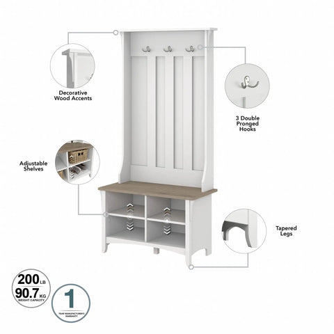 Diagram of Salinas Hall Tree With Shoe Storage Bench In Shiplap Gray And Pure White Workhorse All In One Entryway Organizer With Seating And Hooks.