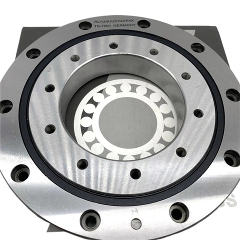 Top Shelf Cross Roller Slewing Bearing Ru124xuucc0 features a metallic finish and circular design for robot arm applications.