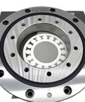 One Piece RU124 Cross Roller Slewing Bearing For Robot Arm Straight Up precision rotary joint showing smooth rotation capability.
