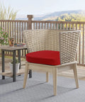 Outdoor Chair Cushions Set Of 2, 17x17 Thick D Shaped Patio Cushions Waterproof With Ties For Outdoor Dining Chairs in red, shown on patio chair