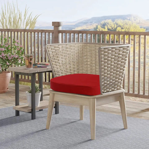 Outdoor Chair Cushions Set Of 2, 17x17 Thick D Shaped Patio Cushions Waterproof With Ties For Outdoor Dining Chairs in red, shown on patio chair