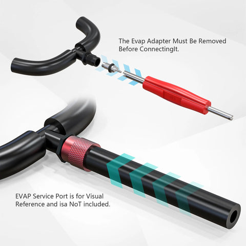 EVAP service port adapter kit with valve removal tool for automotive smoke leak testers; black hose and red handle