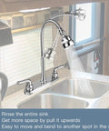 Top Shelf RV Kitchen Faucet Sporting A Slick 360 Rotating Sprayer Head And Hella Tough Stainless Steel Frame With An Eight Inch Two Hole Base, showcasing efficient spray in camper sink.
