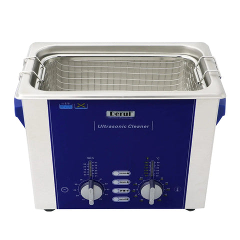Front view of Digital Frequency Adjustable Ultrasonic Cleaner With Sweep And Degas Functions For Precision Cleaning Of Small Parts And Lab Equipment Pro Grade Jewelry Watches Electronics And Precision Instruments In Labs And Workshops with blue panel and control dials.