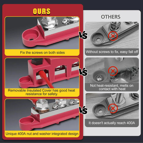 Beefy 48V 400A Bus Bar Power Distribution Block With Four Three Eighths Inch Posts And Three Number Ten Screw Terminals For Car Boat Marine Red And Black Durable, pink insulated base with metal posts