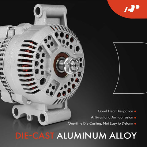 Close-up of 12V 95A High-Output Car Alternator For Ford F150 without pulley, showcasing die-cast aluminum alloy body.