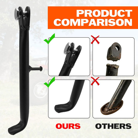 Upgraded Kickstand for 50cc 2Stroke Dirt Bikes for Kids and Adults Adjustable Beefy Heavy Duty Aluminum Alloy Side Stand for E Bikes Safe Parking Stable Stance on Trails and Gravel shown with comparison