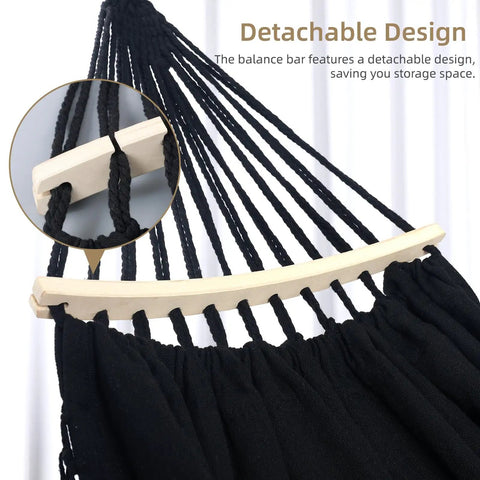 Ultra Sturdy Double Hammock With 550 Pound Capacity, 320GSM Canvas, featuring detachable wooden balance bar, black tassels.
