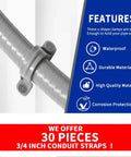 Rock Solid Snap Fit Pvc Conduit Clamps 30 Pack Three Quarter Inch Heavy Duty Wall Straps holding a grey pipe securely.