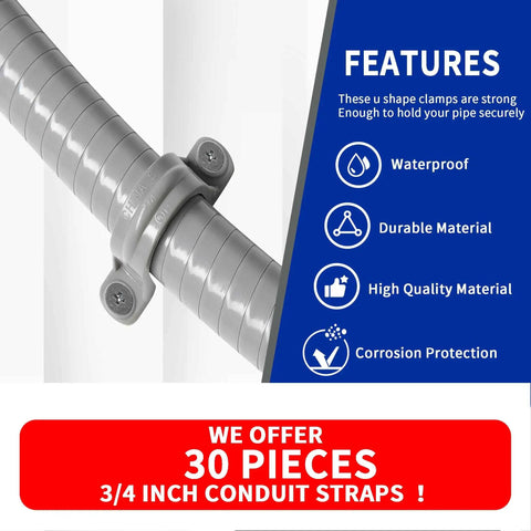Rock Solid Snap Fit Pvc Conduit Clamps 30 Pack Three Quarter Inch Heavy Duty Wall Straps holding a grey pipe securely.