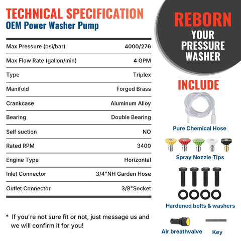 Technical specifications of Horizontal Triplex Plunger Pressure Washer Pump 1 Inch Shaft 4000 PSI Three Point Five GPM Heavy Duty Replacement