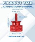 Close-up image of a red M3x7mm knurled thumb screw for PC case, showing dimensions and aluminum alloy material.