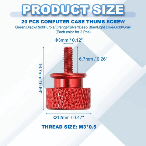 Close-up image of a red M3x7mm knurled thumb screw for PC case, showing dimensions and aluminum alloy material.