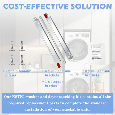 Sturdy Metal Laundry Stacking Kit for 27 Inch LG and Kenmore Front Load Washers and Dryers, Chrome Finish components shown
