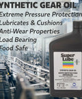 Heavy Duty Synthetic Gear Oil for Trucks and Autos, NSF H1 Food Grade ISO 150 Lubricant bottle with machinery background
