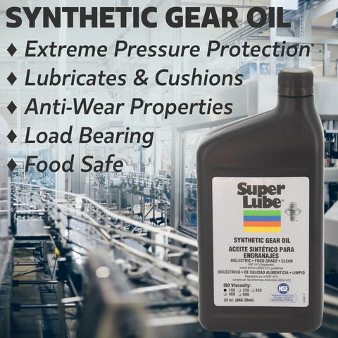 Heavy Duty Synthetic Gear Oil for Trucks and Autos, NSF H1 Food Grade ISO 150 Lubricant bottle with machinery background
