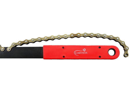 Chain Whip For Bike Cassette Removal Tool with red grip and metal chain for sprocket and lockring removal, pro grade