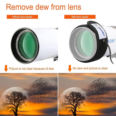 SV165 Mini Guide Scope 30mm F4 Finder Bundle with SV172 Dew Heater showing clear vs foggy lens effect.