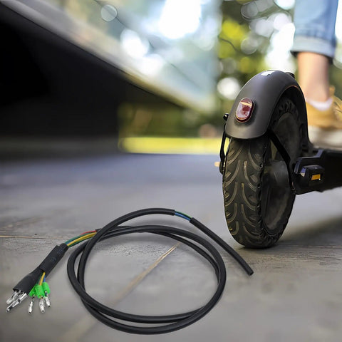 Kugoo Pro Electric Scooter Motor Cable With 5 Wire Hall Sensor Connector next to scooter wheel, 90cm PVC harness