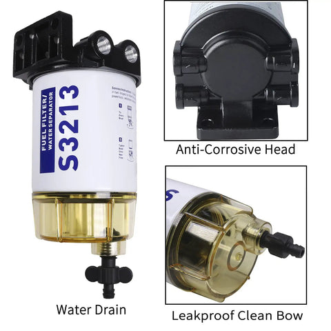 Fuel Filter Water Separator Direct Fit Replacement For Marine Outboard Mercury With Three Eighths Barb By One Quarter Npt Brass Fittings, S3213 model with anti-corrosive head and water drain