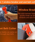 Orange 2-in-1 car window breaker and seat belt cutter emergency escape tool; glass-breaker head and belt cutter blade