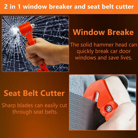 Hand holding Car Window Breaker Hammer And Seat Belt Cutter 2 In 1 Emergency Escape Tool breaking glass, cutter on belt