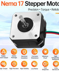 Close-up of a Nema 17 stepper motor with shaft and cables, showing precision and reliability icons.