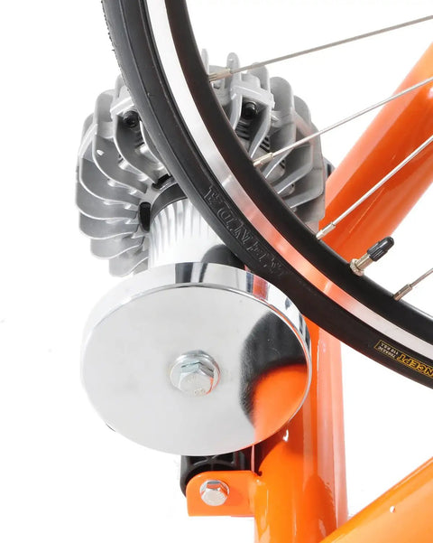 Close-up of fluid resistance mechanism on Orange Fluid Bike Trainer Pro Indoor Bicycle Training Stand For Serious Rides