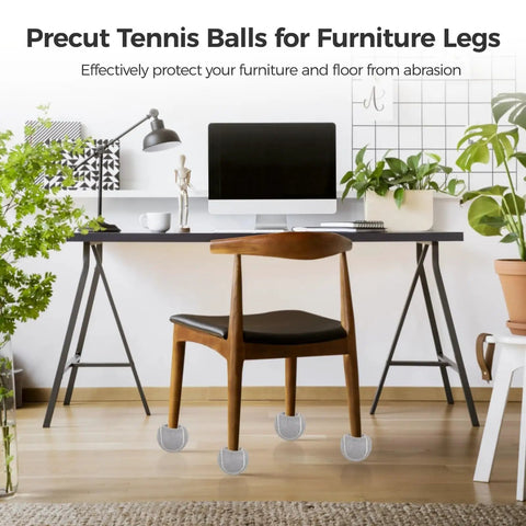 Wooden chair with 24 Pack Precut Tennis Ball Chair Leg Covers No Slip Rubber Foot Pads on hardwood floor