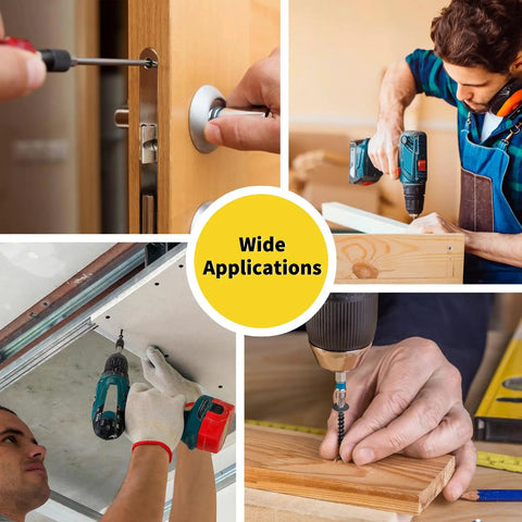 People using tools for various DIY tasks, illustrating the usage of 300 Piece Drywall And Wood Screws Assortment Kit With Flat Head Coarse Thread Phillips Drive Black Finish DIY Friendly Eight Sizes From Two Inch To One Half Inch
