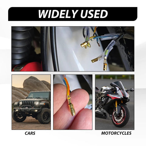 Badass 320 Piece Double Bullet Wire Connectors With Heat Resistant Nylon Sleeves 3.5Mm And 3.9Mm Male Female Brass Crimp Terminals visible in car and motorcycle wiring.