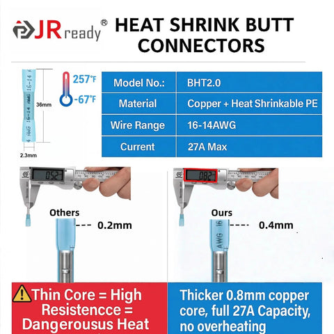 Comparison image of 0.2mm and 0.4mm heat shrink butt connectors showing specifications and thickness differences