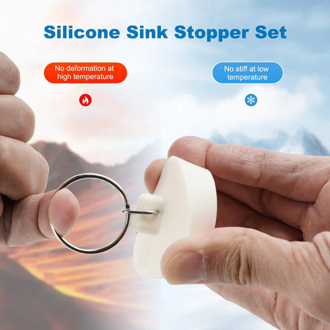 Close-up of Six Size Universal Drain Stopper Set With Pull Ring Rubber Sink Plugs For Kitchen Bath Laundry And Tub That Easily Fits Seven Eighths Inch To Two Inches Across Six Sizes White.