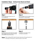 Installation steps for using a Heavy-Duty Self-Drilling Vertical Threaded Rod Anchor Screw for steel structures with a drill.