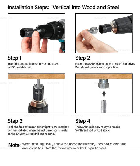 Installation steps for using a Heavy-Duty Self-Drilling Vertical Threaded Rod Anchor Screw for steel structures with a drill.
