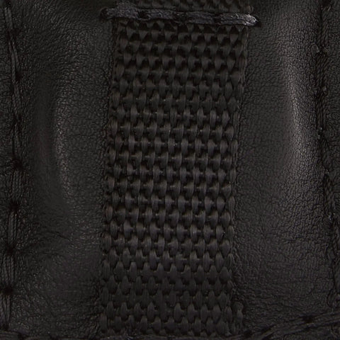 Close-up of BuckGuard 2.0 Retractable Gaff Guard stitching, showcasing durable material for lineman and arborist climbing gear.