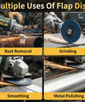Multiple uses of Beefy Zirconia Flap Discs Kit With Grits 40 60 80 100 120 for angle grinder, including rust removal and polishing.