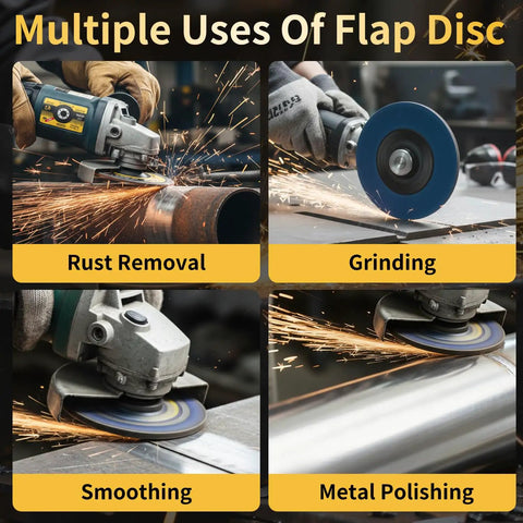 Multiple uses of Beefy Zirconia Flap Discs Kit With Grits 40 60 80 100 120 for angle grinder, including rust removal and polishing.