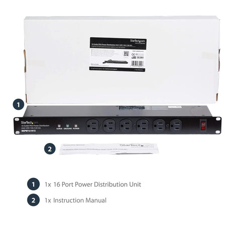 Rack Mount PDU Power Strip With 16 Outlets For 1U Network Server Racks Surge Protected 120V 15A with packaging and manual