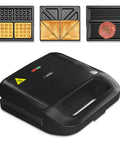 Three In One Sandwich And Waffle Maker With Removable Plates Panini Press Nonstick Plates Indicator Lights And Cool Touch Handle 750W Black Kitchen Gadget For Grab And Go Breakfasts And Tasty Snacks with interchangeable waffle, sandwich, and grill plates above the main unit.
