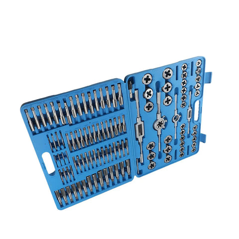 Ultimate 110 Piece Carbon Steel Metric Thread Tap And Die Set With Adjustable Wrenches For Hand Tapping Bolt Threading Male Female Nut Cutting Tools Perfect For Mechanics blue case with taps and dies