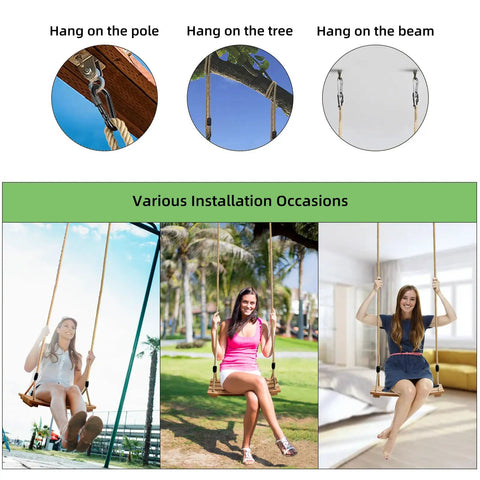 Beech Wood Tree Swing Seat With Adjustable Rope For Kids, Kid Friendly Ergonomic Design And Non Slip Ridged Seat setup options