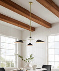 3 Light 14 Inch Satin Brass Arm Pendant With Metal Shades For Dining Room, Living Room Or Kitchen Island, Modern Industrial Vibe