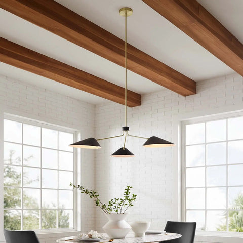 3 Light 14 Inch Satin Brass Arm Pendant With Metal Shades For Dining Room, Living Room Or Kitchen Island, Modern Industrial Vibe
