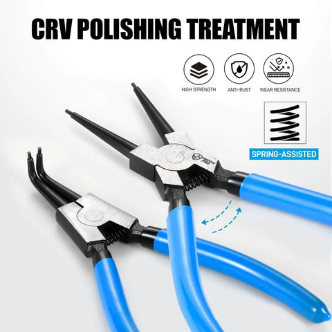 Shop Ready Pro Grade 8 Piece Precision Snap Ring Pliers Set with CR-V steel and blue handles for auto and industrial repairs.