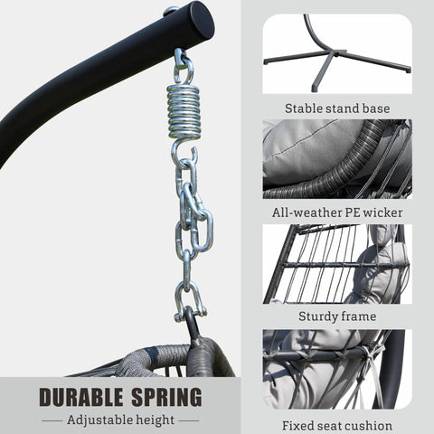 Egg Swing Chair With Stand For Outdoor Or Indoor Use, light gray with cushioned seat and headrest, durable spring and adjustable height.