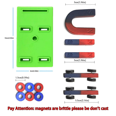 Junior Science Magnet Set For Hands On STEM Experiments With Bar Ring Horseshoe Compass Magnets And Accessories Kid Friendly 16 Piece Learning Kit For Kids Great For Classroom Activities And Home Learning Experiments, showing included green magnet holder and various magnets with sizes.