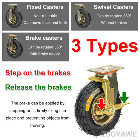 Heavy Duty Swivel Caster Wheels Set Of Four With Ten Inch Silent Pneumatic Rubber Tires And Steel Brake Plates for various caster types.