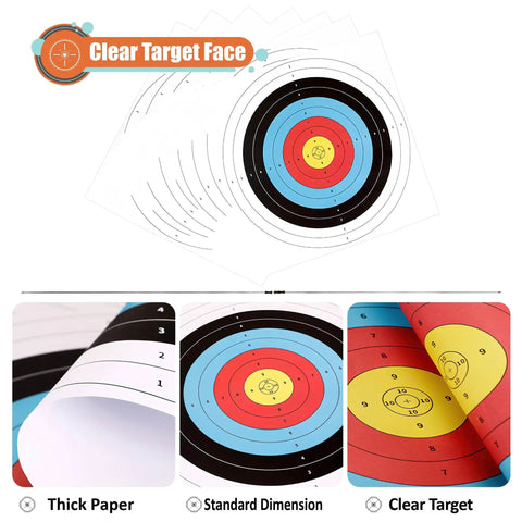 Archery Target Paper Pack Pro Grade For Practice Sesh And Hunting, 16x16 Inch Target Faces With 10 Ring Scoring, clear target face